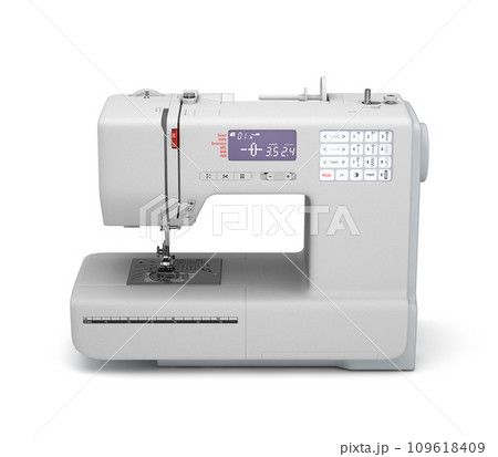 Concept atelier, fashion studio, fashion designer, tailor white sewing machine front side 3d render on white 109618409