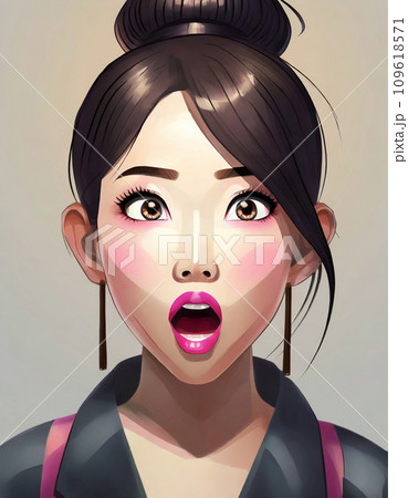 アジア人の若い女性の驚いた正面顔イラスト(AI生成) 109618571