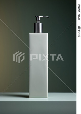 Mockup of a square bottle with a dispenser for cosmetics on the podium with a hard light Mockup of a square bottle with a dispenser for cosmetics on the podium with a hard light 109618808