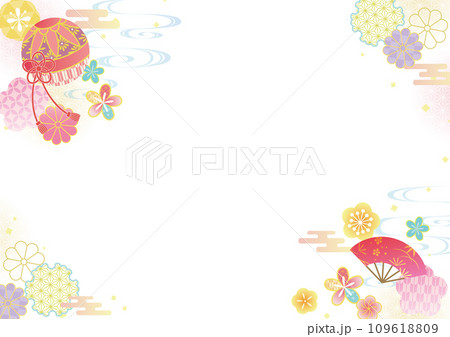 鞠と扇子の和柄背景 鞠と扇子の和柄背景 109618809