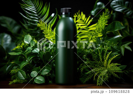 Natural cosmetics in a green bottle with green leaves on a forest background. The concept of a natural organic cosmetic product 109618828