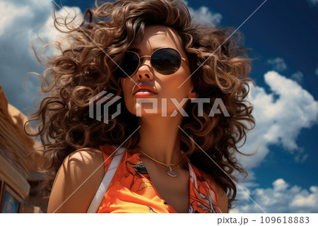 Latin young woman with curly hair wearing sunglasses against a blue sky with clouds on a summer vacation 109618883