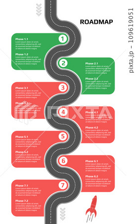 Vertical roadmap with winding road with milestones and rocket on white background. Infographic timeline template for business presentation. Vector. Vertical roadmap with winding road with milestones and rocket on white background. Infographic timeline template for business presentation. Vector. 109619051