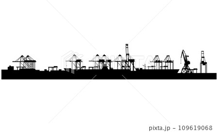 Cargo port silhouette with cranes isolated on white background. Parallax layer. 109619068