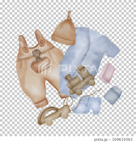 Illustration with baby clothes and supplies isolated on white background. Hand drawn romper suit and cap . Baby wooden toy train in pastel shades. Elements for birthday postcard or newborn shower Illustration with baby clothes and supplies isolated on white background. Hand drawn romper suit and cap . Baby wooden toy train in pastel shades. Elements for birthday postcard or newborn shower 109619363