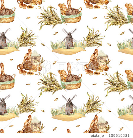 Seamless pattern with wheat ears and bread watercolor illustration isolated on white background. Rural making bread mill hand drawn. Painted spikelet of wheat. Design for package, wrapping paper 109619381