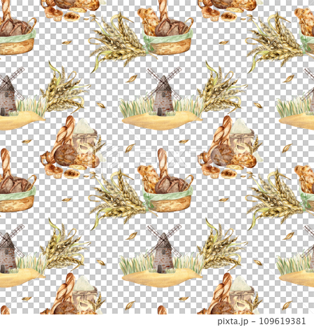 Seamless pattern with wheat ears and bread watercolor illustration isolated on white background. Rural making bread mill hand drawn. Painted spikelet of wheat. Design for package, wrapping paper 109619381