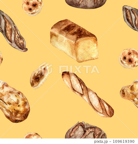 Variety bread watercolor seamless pattern isolated on beige. Hand drawn rye bread, loaf for bakery. Painted pitta, ciabatta. Illustration of baguette. Element for design bakeshop, package, trade Variety bread watercolor seamless pattern isolated on beige. Hand drawn rye bread, loaf for bakery. Painted pitta, ciabatta. Illustration of baguette. Element for design bakeshop, package, trade 109619390