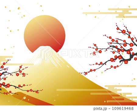 富士山と日の出と紅梅のイラスト素材 ベクター 梅 白背景 年賀 109619468