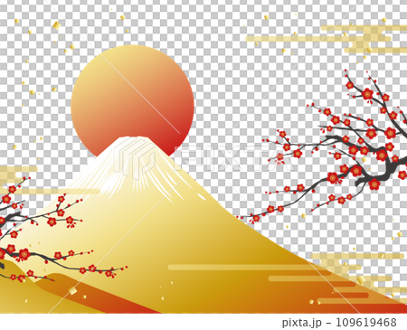 富士山と日の出と紅梅のイラスト素材 ベクター 梅 白背景 年賀 109619468