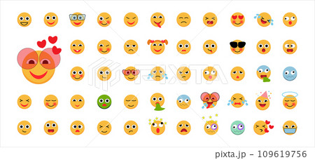 Big set of yellow emoticon smile icons. Cartoon emoji set. Emoticons set. 109619756