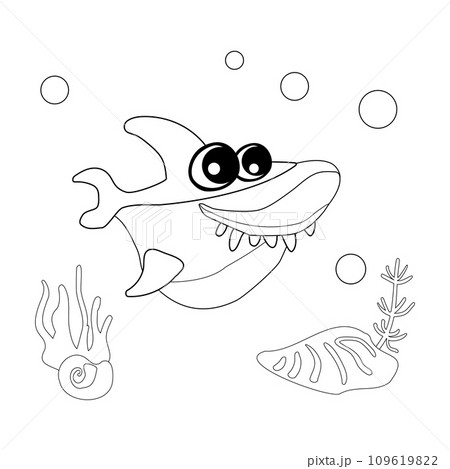Coloring book Cute shark with shells, bubbles and algae in the ocean. For posters, prints on clothes. Vector Coloring book Cute shark with shells, bubbles and algae in the ocean. For posters, prints on clothes. Vector 109619822