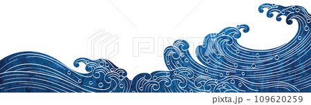 Blue brush stroke texture with Japanese ocean wave pattern in vintage style. Abstract art landscape banner design with watercolor texture vector. Hand drawn line Blue brush stroke texture with Japanese ocean wave pattern in vintage style. Abstract art landscape banner design with watercolor texture vector. Hand drawn line 109620259