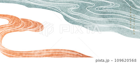 Oriental natural cloud and wave pattern with ocean decoration banner design in vintage style. Japanese background with watercolor texture painting element vector. Marine frame and border template 109620568