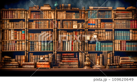 洋書が並べられた本棚　 109620649