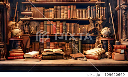 洋書が並べられた本棚　 109620660