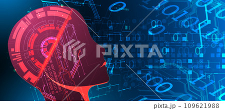 Artificial Intelligence. Technical background with a silhouette of a robot head. Big data concept. Machine cyber mind. Hand drawn vector. Artificial Intelligence. Technical background with a silhouette of a robot head. Big data concept. Machine cyber mind. Hand drawn vector. 109621988