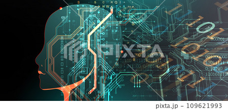 Artificial Intelligence. Technical background with a silhouette of a robot head. Big data concept. Machine cyber mind. Hand drawn vector. Artificial Intelligence. Technical background with a silhouette of a robot head. Big data concept. Machine cyber mind. Hand drawn vector. 109621993