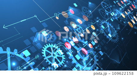 Gear wheel technology pattern on blue gradient background. Hand drawn vector. Gear wheel technology pattern on blue gradient background. Hand drawn vector. 109622158