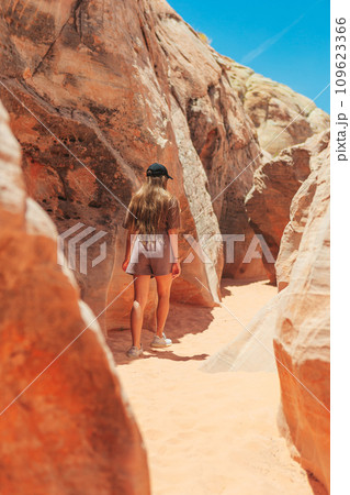 Young girl on trail at Fire Valley in Utah 109623366