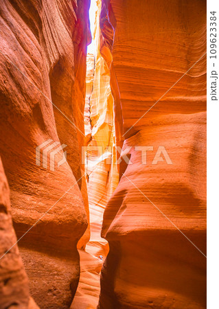 Beautiful wide angle view of amazing sandstone formations in famous Lower Antelope Canyon in Page at Lake Powell, Arizona, USA 109623384