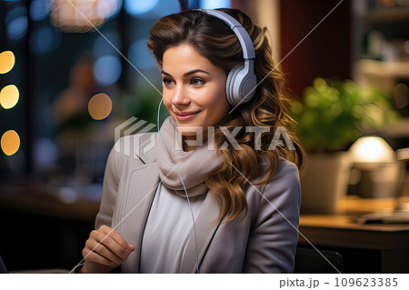 Young businesswoman in bright attire smiling gently with headphones on 109623385