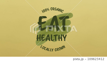 Composite of eat healthy text over green and orange background with copy space Composite of eat healthy text over green and orange background with copy space 109623412