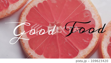 Composite of good food text over fresh fruit in water with copy space Composite of good food text over fresh fruit in water with copy space 109623420