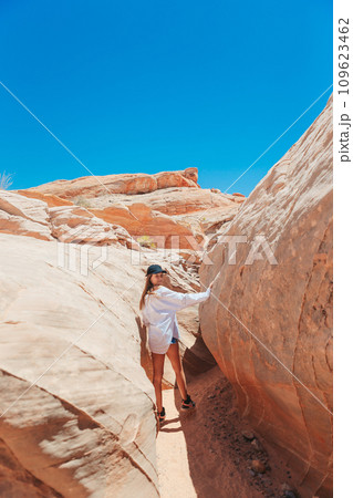 Young girl on trail at Fire Valley in Utah 109623462