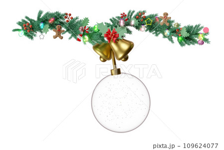 snow ball with branches of pine trees, Jingle bell, candy cane, red bow, holly berry leaves, clear glass lantern garlands, star. merry christmas and happy new year, 3d render illustration snow ball with branches of pine trees, Jingle bell, candy cane, red bow, holly berry leaves, clear glass lantern garlands, star. merry christmas and happy new year, 3d render illustration 109624077
