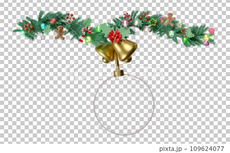 snow ball with branches of pine trees, Jingle bell, candy cane, red bow, holly berry leaves, clear glass lantern garlands, star. merry christmas and happy new year, 3d render illustration snow ball with branches of pine trees, Jingle bell, candy cane, red bow, holly berry leaves, clear glass lantern garlands, star. merry christmas and happy new year, 3d render illustration 109624077