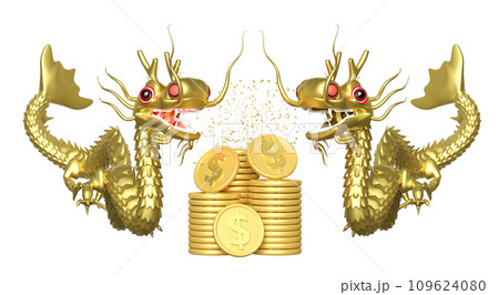 3d two gold dragon with Gold dollar coins stacks, chinese new year 2024 capricorn. 3d render illustration 109624080