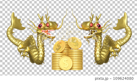 3d two gold dragon with Gold dollar coins stacks, chinese new year 2024 capricorn. 3d render illustration 109624080