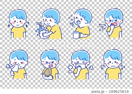 患有感冒的兒童。設定顯示身體狀況不佳症狀的材料。 109625619