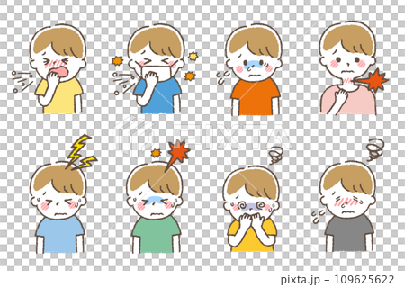 患有感冒的兒童。設定顯示身體狀況不佳症狀的材料。 109625622