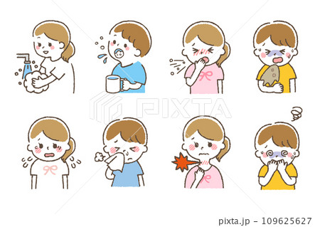 風邪をひいている子供たち。体調不良の症状が出ているセット素材。 109625627