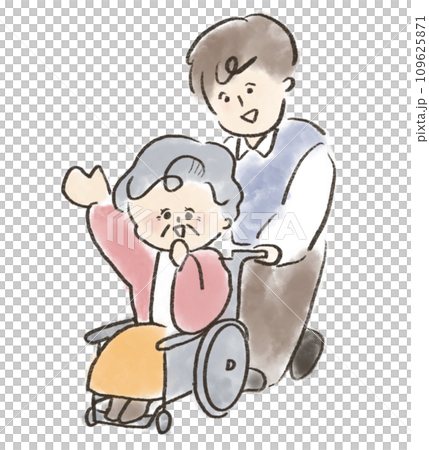 車椅子のシニアと付き添う男性 109625871