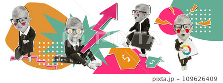 Little boy, child in image of big boss working with analytical papers, arrows and strategies. Contemporary art collage. Business concept 109626409