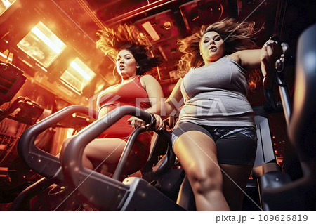 Two overweight women in tight, skimpy sportswear with wildly blowing hair on a treadmill at the gym seen from below, Diet and weight loss concept 109626819