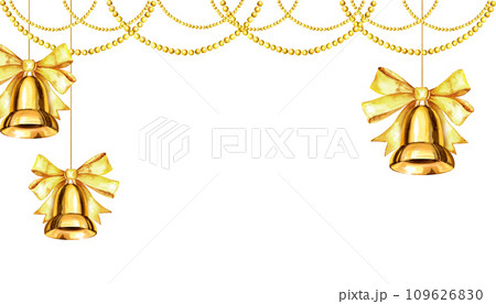 watercolor illustration of Christmas tree toys with shiny gold bells, garlands of gold glitter beads, frame with Christmas decoration isolated on white background watercolor illustration of Christmas tree toys with shiny gold bells, garlands of gold glitter beads, frame with Christmas decoration isolated on white background 109626830