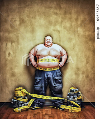 Smiling overweight man stands with a measuring tape around his belly, hands on hips, in front of a wall, Diet and weight loss concept Smiling overweight man stands with a measuring tape around his belly, hands on hips, in front of a wall, Diet and weight loss concept 109626837