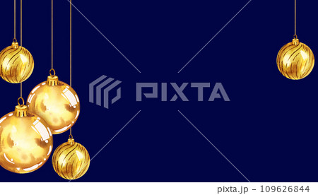 watercolor illustration of Christmas tree toys with shiny gold balls, golden glitter balls, frame with Christmas decoration on dark blue background 109626844