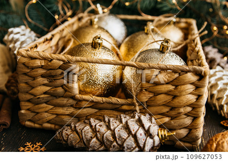 Christmas decorations. happy new year. Christmas or New Year composition. preparation for the New Year. Christmas tree toys background 109627053