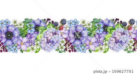 Garden flowers seamless border floral decor. Watercolor illustration. Hand drawn tender garden flowers, green leaves seamless border. Anemone, freesia, hydrangea elements decoration. White background Garden flowers seamless border floral decor. Watercolor illustration. Hand drawn tender garden flowers, green leaves seamless border. Anemone, freesia, hydrangea elements decoration. White background 109627781