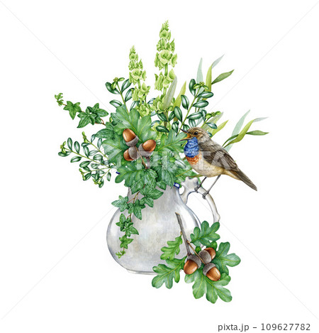 Garden flowers bouquet in the jar with singing bird. Watercolor vintage style illustration. Garden cut flowers in white ceramic vase decor. Summer green lush bouquet. White background 109627782