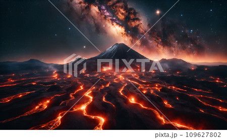 天の川が見える風景　夜の火山　AI生成画像 109627802