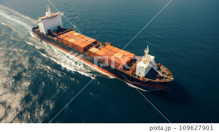 Aerial front view of a loaded container cargo vessel traveling over calm ocean. Generative AI 109627901