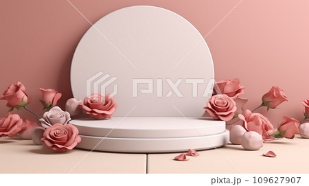 Blank podium derocation with rose. Valentine concept. Generative AI Blank podium derocation with rose. Valentine concept. Generative AI 109627907