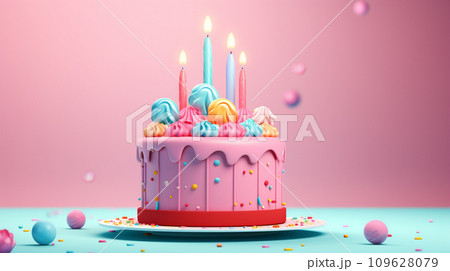3d of birthday cake with copyspace on pastel background. Generative AI 109628079