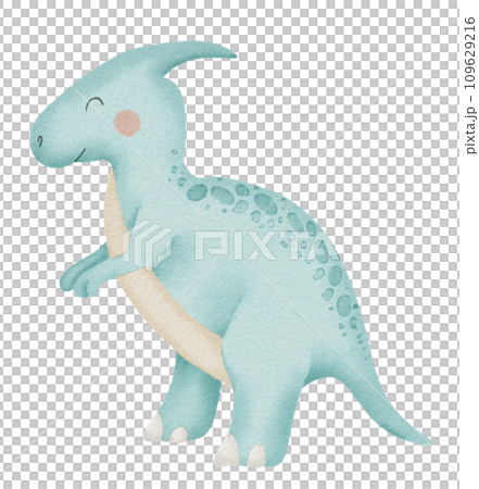 Dinosaur Parasaurolophus Watercolor illustration. Hand drawn clip art of Dino on isolated background. Drawing of animal. Cute character sketch for kids. To decorate a Baby shower or birthday party. 109629216